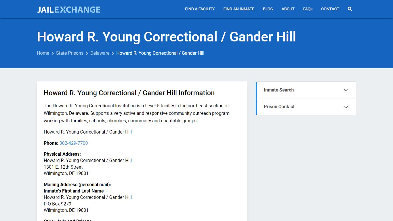 Howard R. Young Correctional / Gander Hill Inmate Search, DE